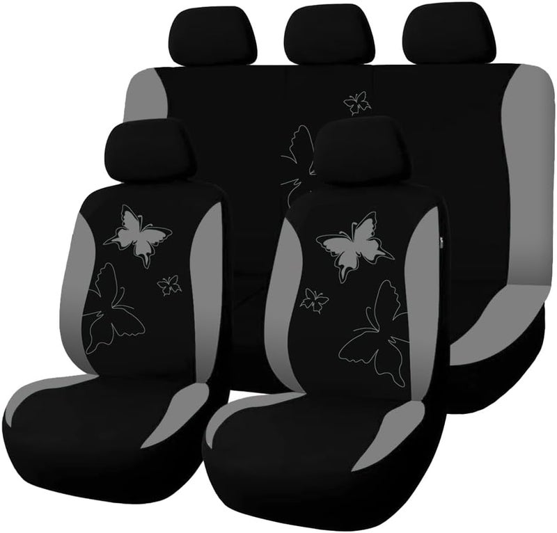 Sandfren Car Seat Covers, 9PCS Butterfly Print High Back Vehicle Front Seat & Rear Bench Protector, Breathable Automotive Interior Chair Accessories, Universal for SUV Sedan Truck (Gray) - Image 1
